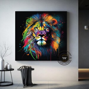 May include: A colorful abstract painting of a lion's head with a black background. The lion's mane is painted in shades of blue, green, yellow, orange, and red. The painting has a splatter paint effect.