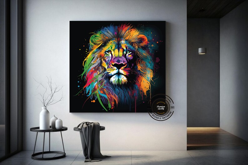 May include: A colorful abstract painting of a lion's head with a black background. The lion's mane is painted in shades of blue, green, yellow, orange, and red. The painting has a splatter paint effect.
