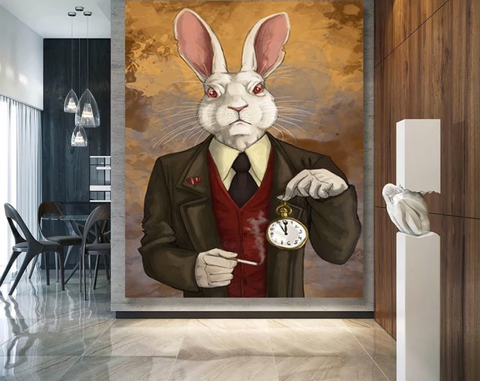 Mr. Rabbit, Abstract Canvas Art, Alice in Wonderland Canvas, Modern Canvas Art, Cartoon Rabbit Wall Decor, White Rabbit Printed,
