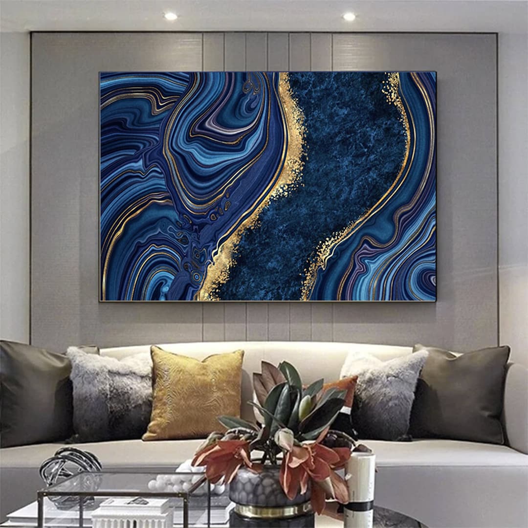 Blue Art Decor, Blue and Yellow Art, Abstract Wall Art, Living Room Decor, Marble Decor, Blue