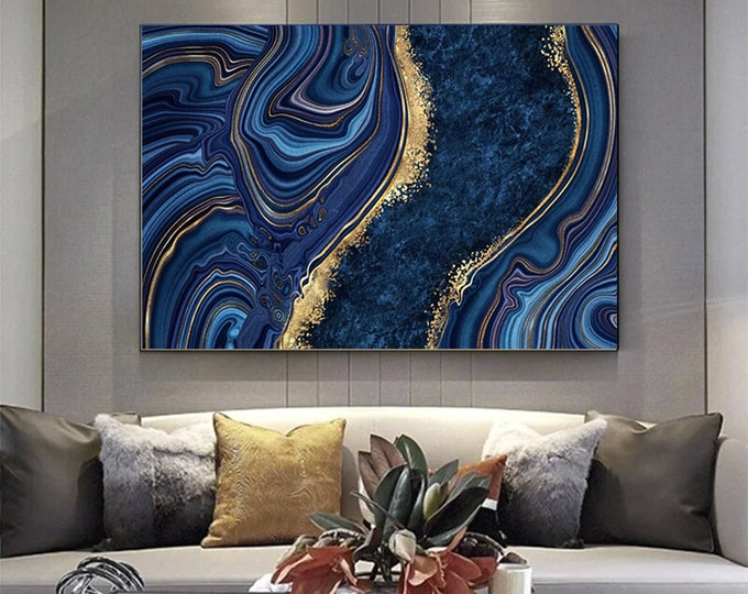 Blue Art Decor, Blue and Yellow art, Abstract wall art, Living Room decor, Marble Decor, Blue canvas print, Blue painting ready to hang gift
