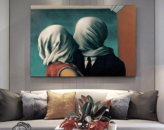 Rene Magritte Lovers Painting Decoration, Wall art Large Panel Prints ,Rene Magritte Kiss Lovers Poster