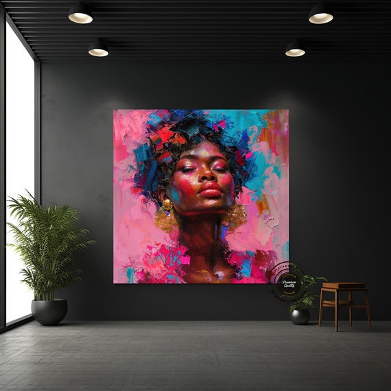 YHSKY ARTS Wandbild 'Schwarze Frau' - Afroamerikanische Kunst, Vintage-Modern, Blau-Gold, Für Wohnzimmer & Schlafzimmer
