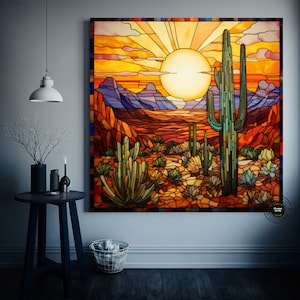 May include: A stained glass artwork depicting a desert landscape with a large sun setting behind a tall cactus and smaller cacti in the foreground. The colors are vibrant and include shades of orange, yellow, red, green, and blue.