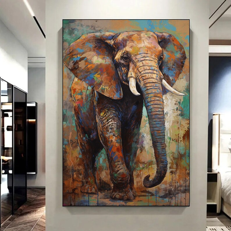 Puede incluir: Una pintura abstracta colorida de un elefante con un fondo texturizado. El elefante es marr&oacute;n con acentos azules, verdes y naranjas. La pintura tiene un estilo moderno y art&iacute;stico.