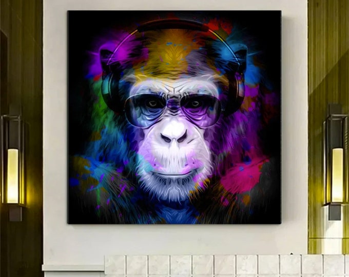 Colorful Monkey , Monkey Listening To Music Wall Art, Monkey Canvas Print , Animals Paintings , Gorilla Glasses Canvas Prints