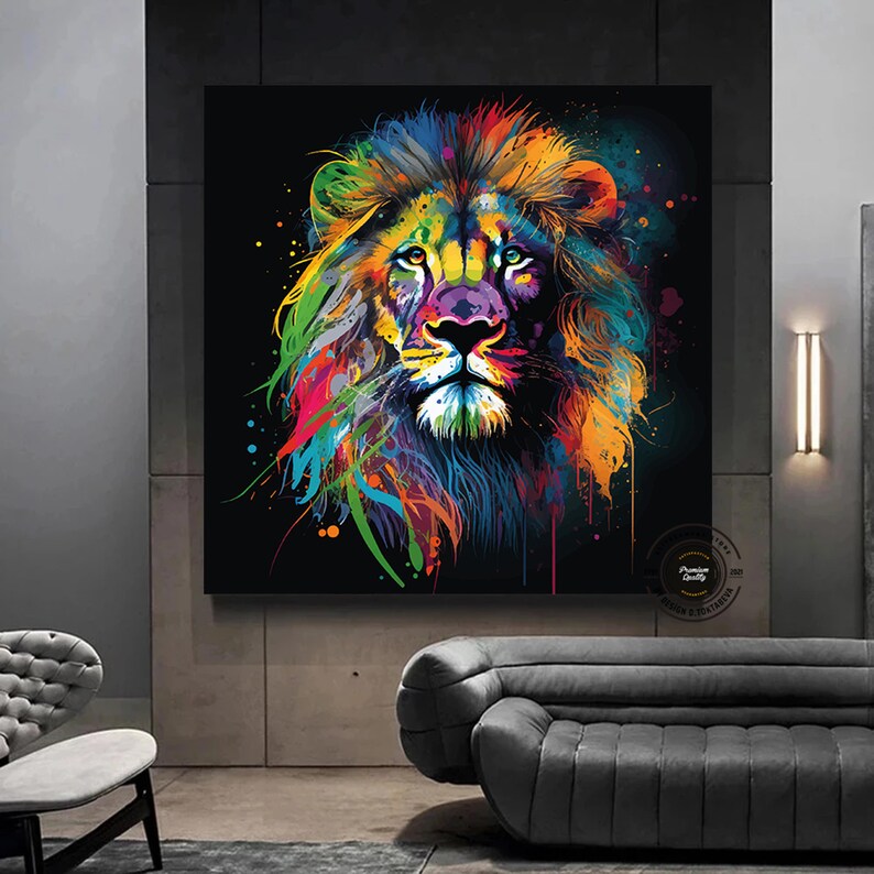 May include: A colorful abstract painting of a lion's face with splashes of paint in various colors, including red, yellow, blue, green, and purple. The lion's face is in the center of the painting, and the background is black.
