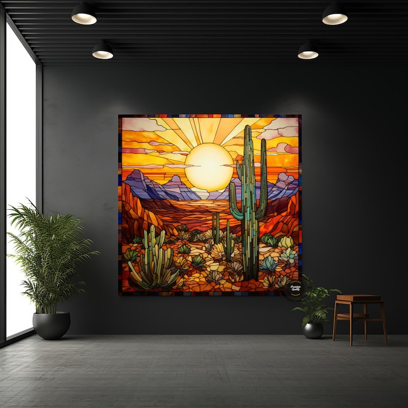 May include: A stained glass artwork depicting a desert landscape with a large sun setting behind a cactus and mountains. The artwork is in shades of orange, yellow, green, and blue.
