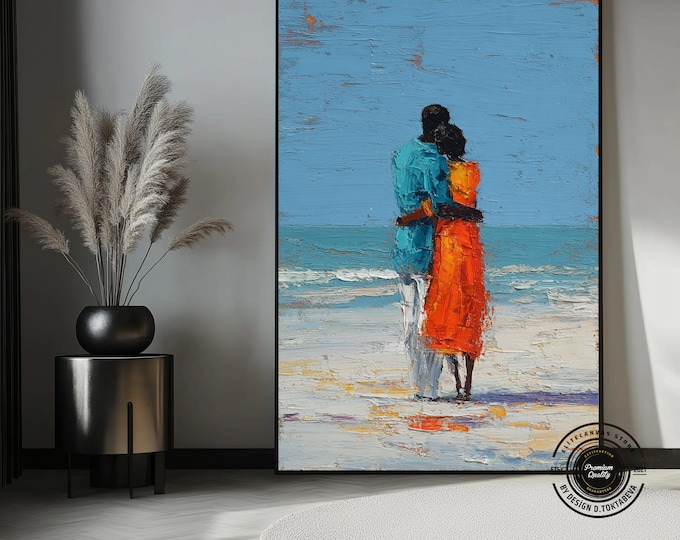 Couple Hugging on the Beach Print, Love Canvas Wall Art, Romantic Wall Decor