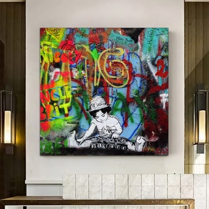 Street Art Dj boy Painting,Graffiti art Dj Large Canvas,Painting with graffiti and beatles lyrics inspired by John Lennon