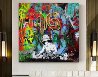 Street Art Dj boy Painting,Graffiti art Dj Large Canvas,Painting with graffiti and beatles lyrics inspired by John Lennon