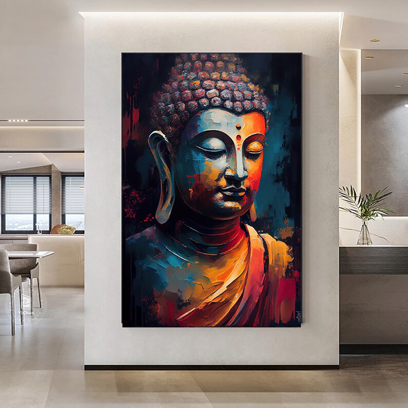 Peut inclure: Une peinture abstraite color&eacute;e d'un Bouddha &agrave; l'expression sereine. La peinture pr&eacute;sente des nuances de bleu, d'orange, de jaune et de rouge.