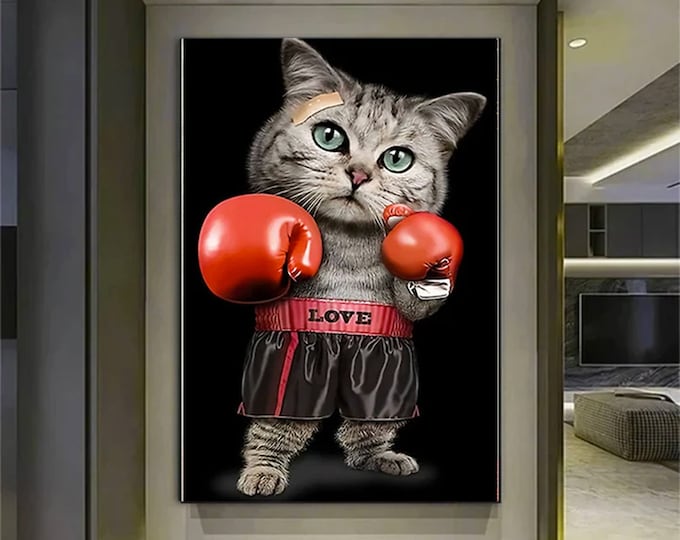 Boxer cat canvas, cat painting, funny pop art cat print, kids room decor, animal painting, cat wall art, cat poster, boxer animal canvas