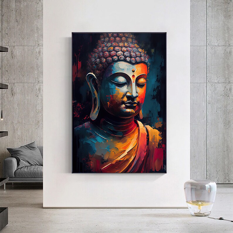 Peut inclure: Une peinture color&eacute;e d'un Bouddha &agrave; l'expression sereine. La peinture pr&eacute;sente un fond sombre avec des &eacute;claboussures de peinture bleue, orange et rouge.
