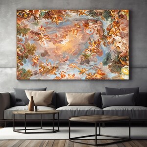 K&ouml;nnte beinhalten: Ein farbenfrohes Gem&auml;lde einer Decke mit Engeln und Wolken. Das Gem&auml;lde ist im Barockstil gehalten und weist viele Details auf. Die Farben sind &uuml;berwiegend warm, mit Gold-, Rot- und Blaut&ouml;nen.
