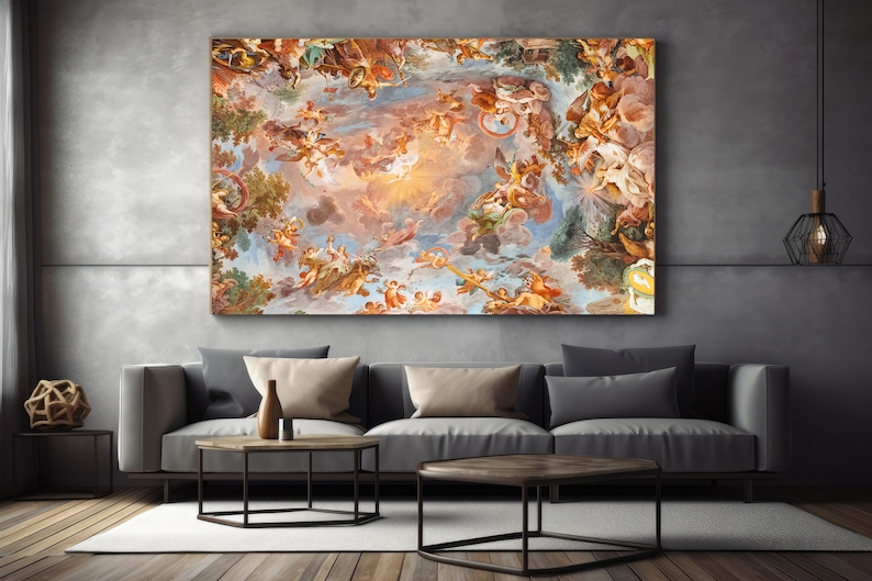 K&ouml;nnte beinhalten: Ein farbenfrohes Gem&auml;lde einer Decke mit Engeln und Wolken. Das Gem&auml;lde ist im Barockstil gehalten und weist viele Details auf. Die Farben sind &uuml;berwiegend warm, mit Gold-, Rot- und Blaut&ouml;nen.