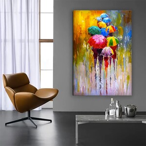 May include: Abstract painting of people walking in the rain with colorful umbrellas. The painting features a yellow background with a variety of colors, including red, blue, green, and purple.