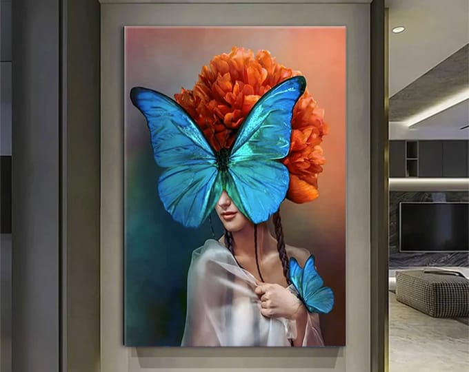 Floral Canvas, Surrealist Wall Art, Abstract Woman Wall Decor, Abstract Wall Decor, Woman And Butterfly Poster, Blue Butterfly Artwork,