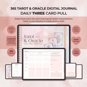 May include: A digital journal for tarot and oracle card readings titled 365 Tarot & Oracle Daily Three Card Pull. The interface features a soft pink color palette with line art illustrations of cards, a potion bottle, and floral motifs on a tablet screen.