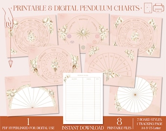 May include: Eight printable and digital pendulum charts with floral designs in gold and white on a pink background. The charts include a variety of layouts, including a calendar, a yes/no chart, and a blank chart. The text "Printable & Digital Pendulum Charts" is at the top of the image.