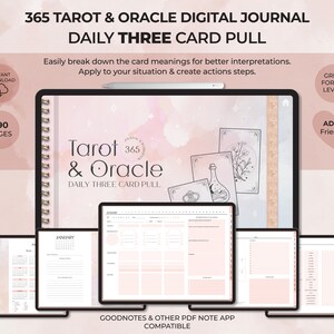 May include: A digital journal for daily tarot and oracle card readings. The cover features a pink and white watercolor background with stars and a gold spiral binding. The title "Tarot 365 & Oracle Daily Three Card Pull" is written in black text. The journal is compatible with Goodnotes and other PDF note apps.