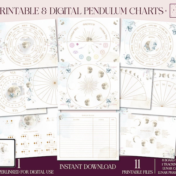 PENDULE CHART - PRINTABLE Board Lunar Flower White Moon Floral télécharger Grimoire Dowsing Divination Autel Spirituel Mystique Sorcière