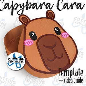 Puede incluir: Un capibara de papel marrón con mejillas rosas y ojos negros. La imagen incluye el texto "Capybara Cara" y "Template + video guide". El diseño es de Cutting Templates y requiere papel y una esterilla de 30x30cm.