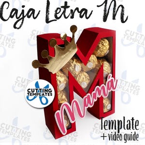 Caja letra M template, día de las madres, caja para chocolates |Caja letra M + topper mamá + corona| digital template / SVG / STUDIO / PDF