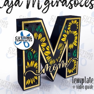 Letter M box template, Mother&#39;s Day, chocolate box | Letter M box Sunflowers + topper mom digital template / SVG / STUDIO / PDF
