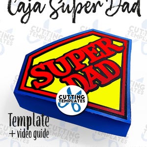 Puede incluir: Una caja azul, amarilla y roja con las palabras "Super Dad" en un diseño de estilo superhéroe. La caja tiene forma de escudo con fondo amarillo y letras rojas. También se ve el texto "Template + video guide".