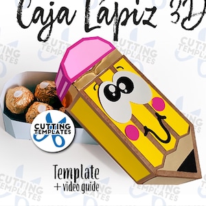Puede incluir: Una plantilla imprimible en 3D para una caja con forma de lápiz. La caja es amarilla con rayas negras y una goma de borrar rosa. La caja tiene una cara de dibujos animados linda con ojos grandes y una sonrisa. La plantilla incluye una guía de video.