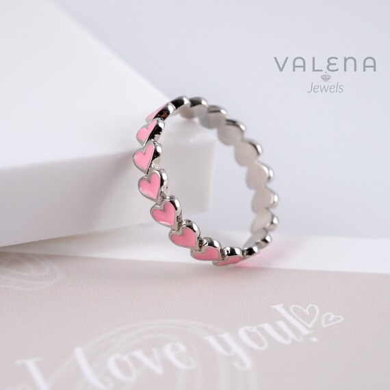 Pink Enamel Heart Eternity Ring, Daughter Gift, Pink Enamel