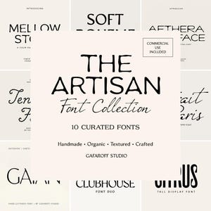 May include: A digital graphic display for The Artisan Font Collection by Gafaroff Studio, featuring 10 curated fonts. The text includes Handmade, Organic, Textured, Crafted, and Commercial Use Included. The design uses black text on a light beige background.