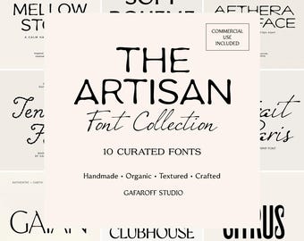 May include: A digital graphic display for The Artisan Font Collection by Gafaroff Studio, featuring 10 curated fonts. The text includes Handmade, Organic, Textured, Crafted, and Commercial Use Included. The design uses black text on a light beige background.