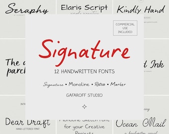 May include: A digital collection of 12 handwritten fonts by Gafaroff Studio, featuring various script styles like Seraphy, Elaris Script, Kindly Hand, Dear Draft, and Ocean Mail, with the text Signature, 12 Handwritten Fonts, and Commercial Use Included.