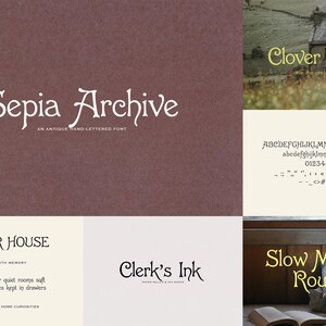 May include: A digital font specimen sheet titled Sepia Archive, an antique hand-lettered font. The display includes the full alphabet, numbers, and symbols, alongside examples of the typeface used in phrases like Clover House and Ledger House.