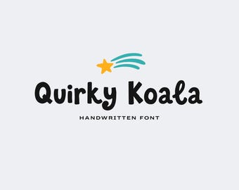 May include: The words "Quirky Koala" in a bold, black, handwritten font, with a yellow star and blue comet illustration above. Below the text, the words "HANDWRITTEN FONT" are displayed in a smaller, black font, all set against a light gray background.