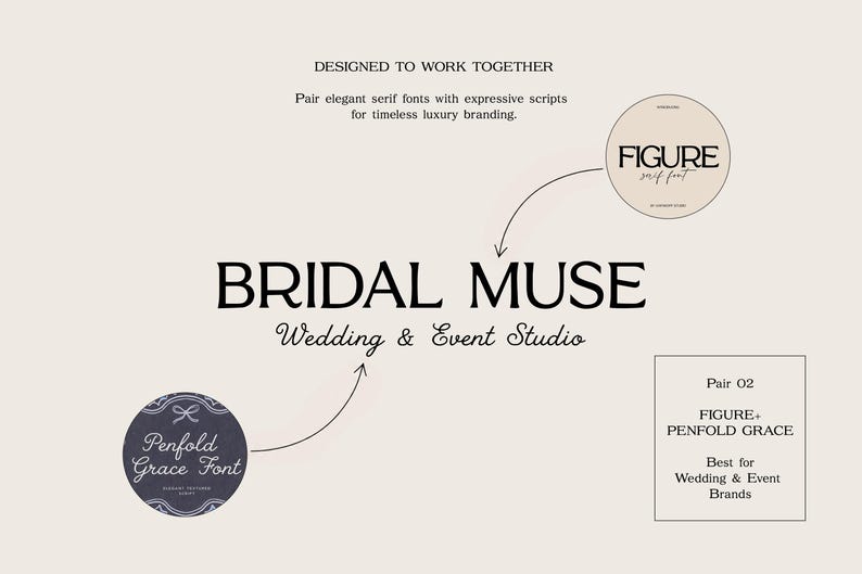 May include: A graphic design display featuring the text BRIDAL MUSE Wedding & Event Studio. Two circular badges point to the text, identifying the fonts as FIGURE serif font and Penfold Grace Font. A box in the corner labels this as Pair 02.
