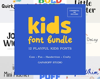 May include: A digital graphic featuring a blue square with yellow text that reads kids font bundle 12 playful kids fonts, with the text commercial use included in a small box, surrounded by various font samples from Gafaroff Studio.