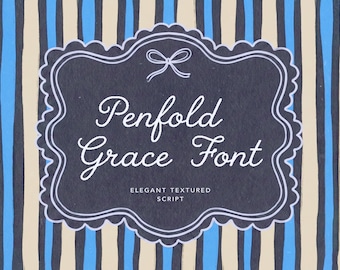 May include: A navy blue, scalloped-edged label with the words "Penfold Grace Font" in white script. The label has a bow at the top and the words "Elegant Textured Script" below. The background has vertical stripes in blue, beige, and navy.