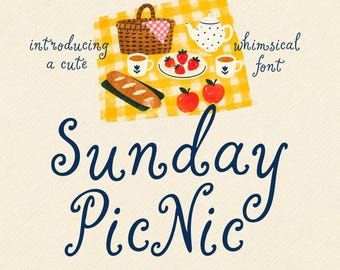 May include: A graphic illustration featuring a yellow checkered picnic blanket with a basket, teapot, cups, bread, and strawberries. The text reads "introducing a cute whimsical font" and "Sunday PicNic" in dark blue script lettering.