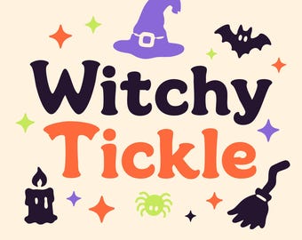 May include: A digital graphic featuring the text Witchy Tickle in dark purple and orange. The design includes a purple witch hat, a black bat, a black candle, a lime green spider, and a black broomstick, surrounded by orange, green, and purple stars.
