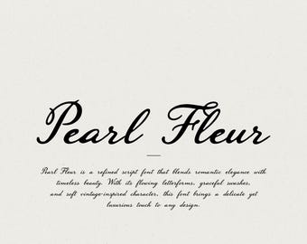May include: The words "Pearl Fleur" are written in elegant black script font on a cream background. Below the title is a description of the font's features and style.