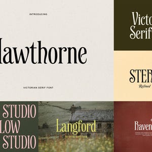 May include: A digital typography display featuring the Hawthorne Victorian serif font in black on a light background. Additional text samples include Victorian Serif Font, STERLING Refined by Time, DESIGN STUDIO CARLOW, Langford, and Ravenscroft.