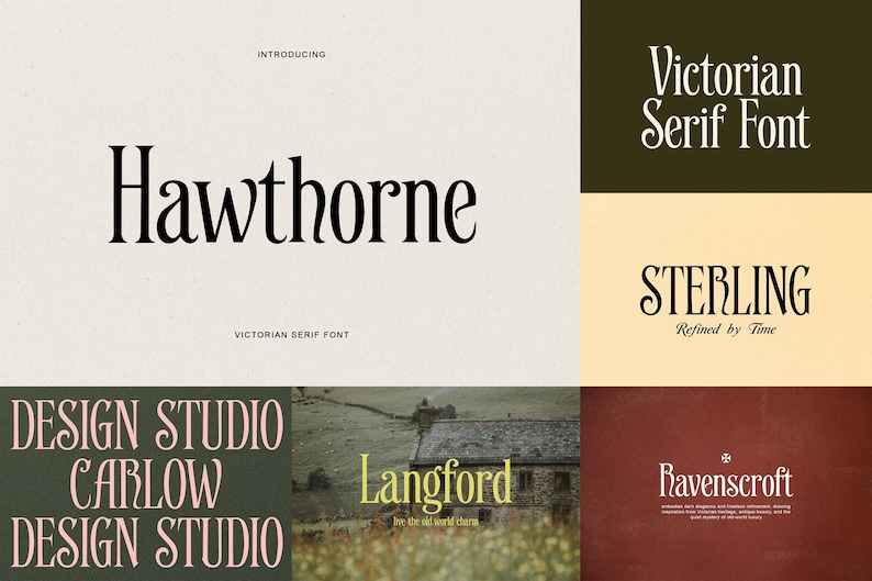 May include: A digital typography display featuring the Hawthorne Victorian serif font in black on a light background. Additional text samples include Victorian Serif Font, STERLING Refined by Time, DESIGN STUDIO CARLOW, Langford, and Ravenscroft.