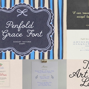 May include: A digital font display featuring the Penfold Grace Font in a white script style on a dark blue scalloped label. The image includes examples of the typeface used in a menu, an invitation, and the quote I can resist everything except temptation.