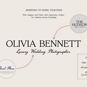 May include: A graphic design display featuring the text OLIVIA BENNETT Luxury Wedding Photographer. Two circular callouts point to the fonts used: The Hudson elegant serif font and Pearl Fleur script font. A box labeled Pair 01 lists these fonts.
