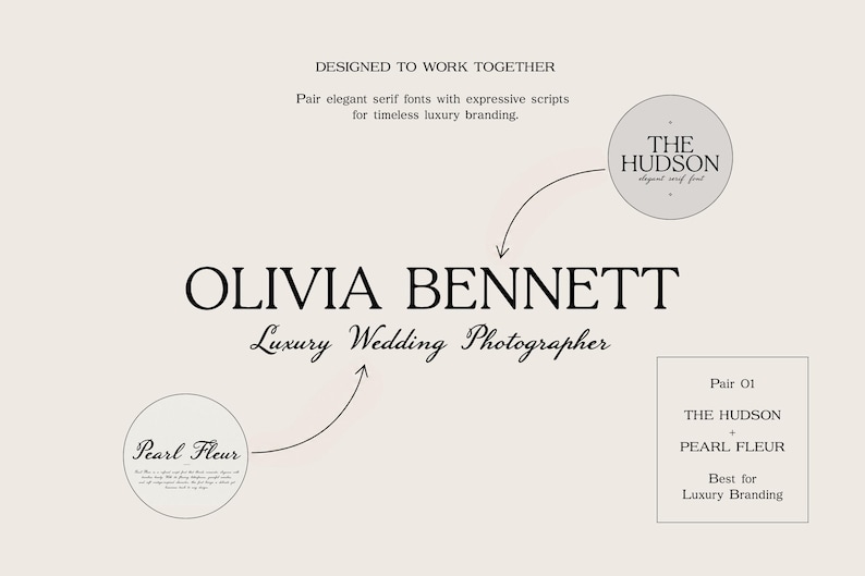 May include: A graphic design display featuring the text OLIVIA BENNETT Luxury Wedding Photographer. Two circular callouts point to the fonts used: The Hudson elegant serif font and Pearl Fleur script font. A box labeled Pair 01 lists these fonts.
