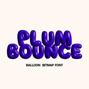 Pode incluir: Um design gráfico digital com o texto "PLUM BOUNCE" em uma fonte de balão 3D, renderizado em um tom roxo vibrante. O texto adicional inclui "BALLOON BITMAP FONT", "OPENTYPE (OTF) FILE", "BONUS PNG SET" e "READY TO USE".