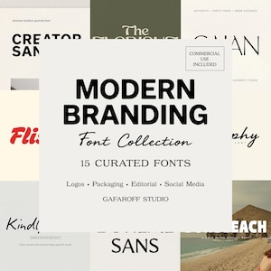 Peut inclure: Une présentation de collection de polices numériques avec le texte MODERN BRANDING Font Collection 15 CURATED FONTS Logos Packaging Editorial Social Media GAFAROFF STUDIO et un encadré COMMERCIAL USE INCLUDED avec divers exemples.